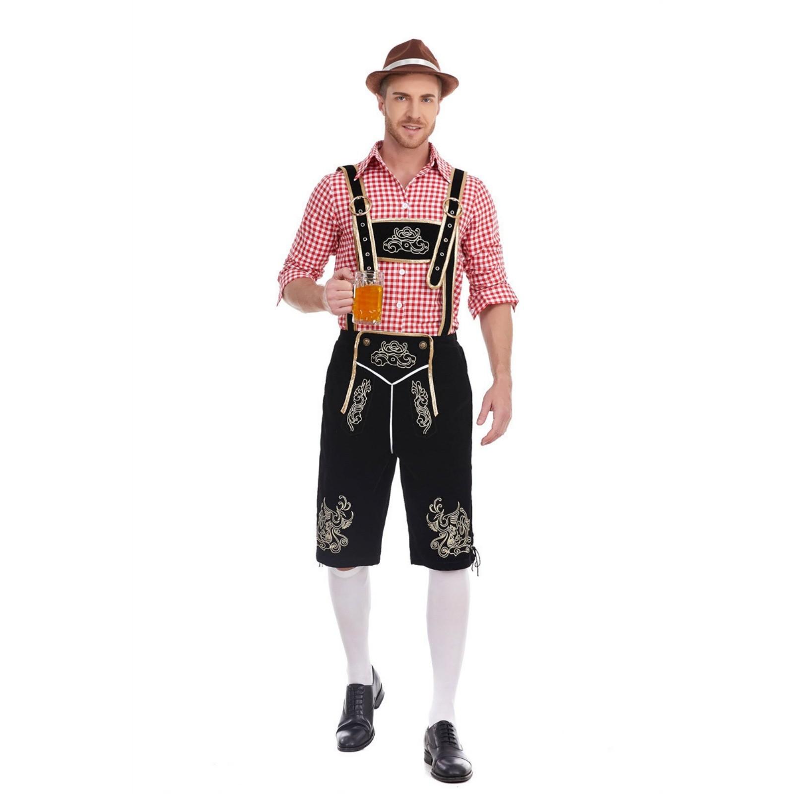 Herren Bayerische Oktoberfest Tracht - Kariertes Hemd & Hosenträgerhose Set XXXL rot