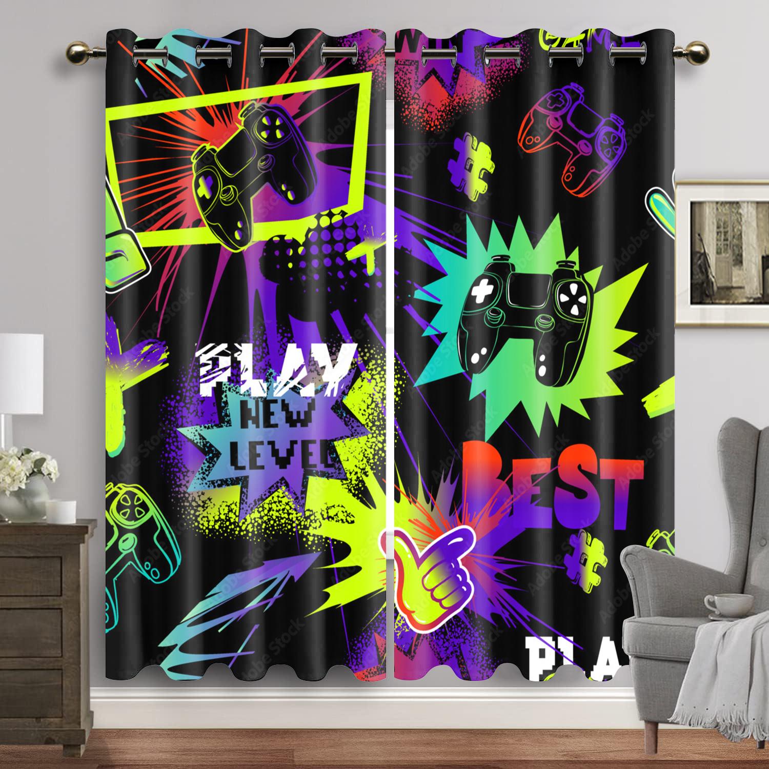 Cartoon Gamepad Verdunkelungsvorhänge für das Schlafzimmer Graffiti Wörter Videospiele Fenster Vorhänge Spiele Spieler Wohnzimmer Dekoration W60H60(CM)x2PCS&Grommet Top