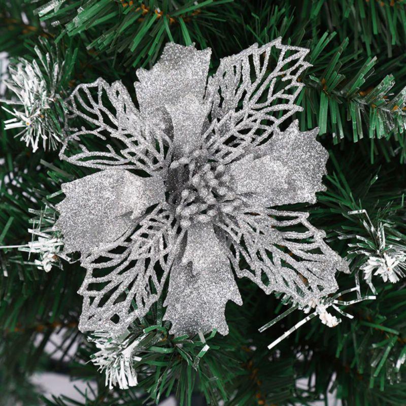 Weihnachten Durchbrochene Blumen Weihnachten Baum Anhänger Weihnachten Dekorationen Bunte Weihnachten Baum Dekoration Künstliche Blume Dekoration 10pcs silber