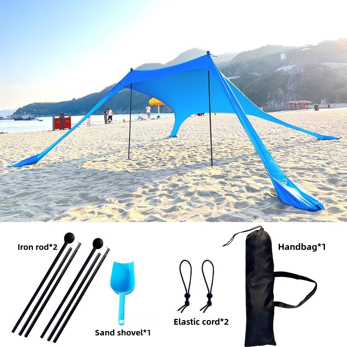 Strandzelt Sonnenschutz mit UPF 50+ UV-Schutz Strandbaldachin Sonnensegel mit Sandsäcken Stangen und Erdnägeln und Windseilen 200x160x150cm blau