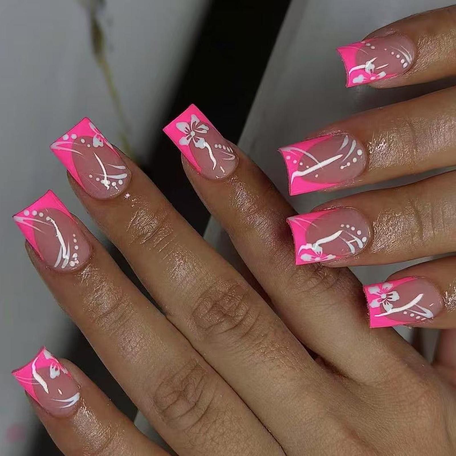 Glänzende kurze quadratische Press-on-Nägel mit floralen Mustern, 24 Stück, französische Acryl-Fingernägel für Frauen, die trendige Nagelkunst suchen 1