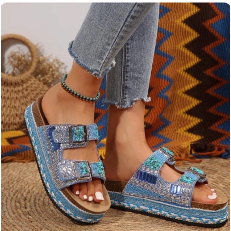 Neue Sommer Damen Übergröße Mode Klobige Sohle Hanfseil Doppelte Schnalle Strass Kork Strand Badeschuhe 39 himmelblaue
