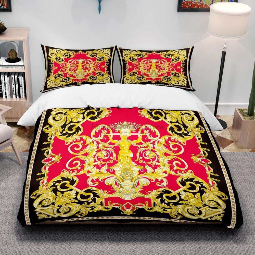 Luxuriöses, modernes Bettwäsche-Set aus Baumwollstoff mit Digitaldruck in Goldoptik, bestehend aus Bettbezug, Spannbettlaken und Kissenbezügen. Heimtextilien AU King(240x210cm)