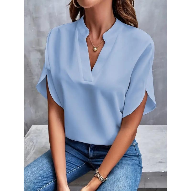 VEZFAA Damenmode, lässig, Sommer, Frühling, einfarbig, bedruckt, kurzärmelig, V-Ausschnitt, Blusen und Hemden M blau