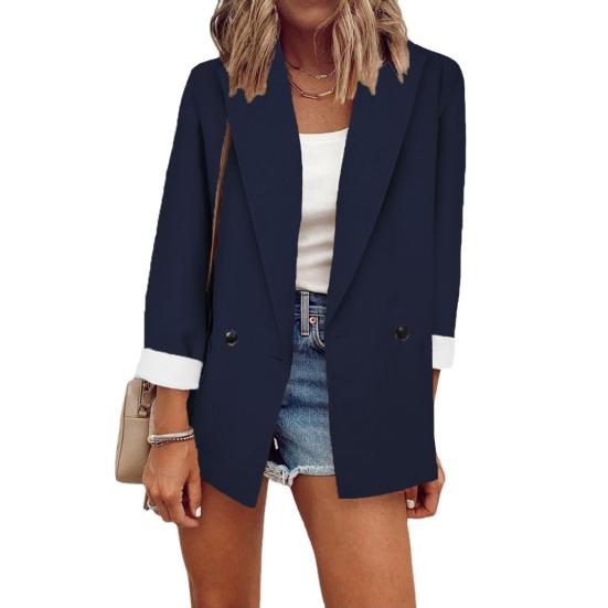 Einfarbiger, langärmeliger, großer Taschen-Einzelknopf-Büro-Blazer, modisches Revers, Büro-Anzugjacke, Arbeitskleidung 3XL navy blau