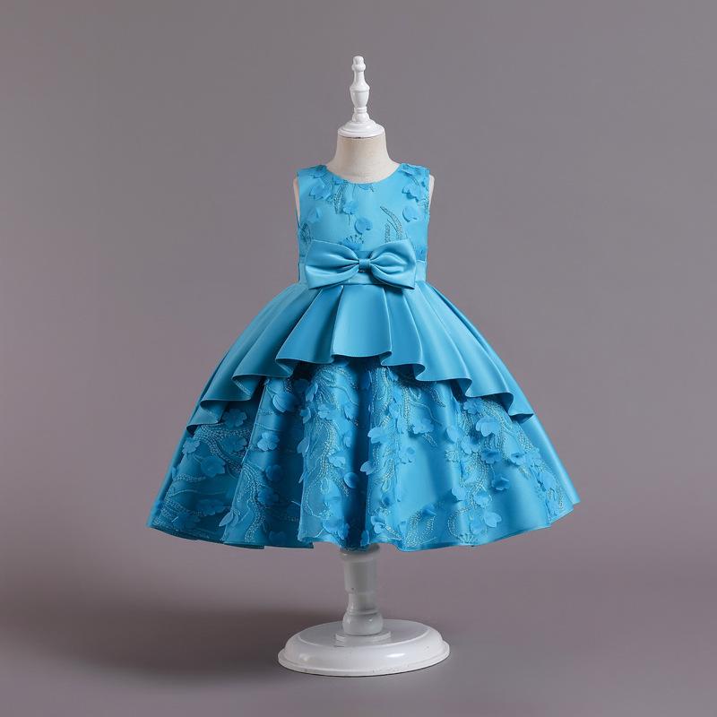 Satin-Applikations-Prinzessinnenkleid für Mädchen 2-8J Sommer Elegant Party Abend Hochzeitskleid mit Spitzenbesatz 130cm see-blaue