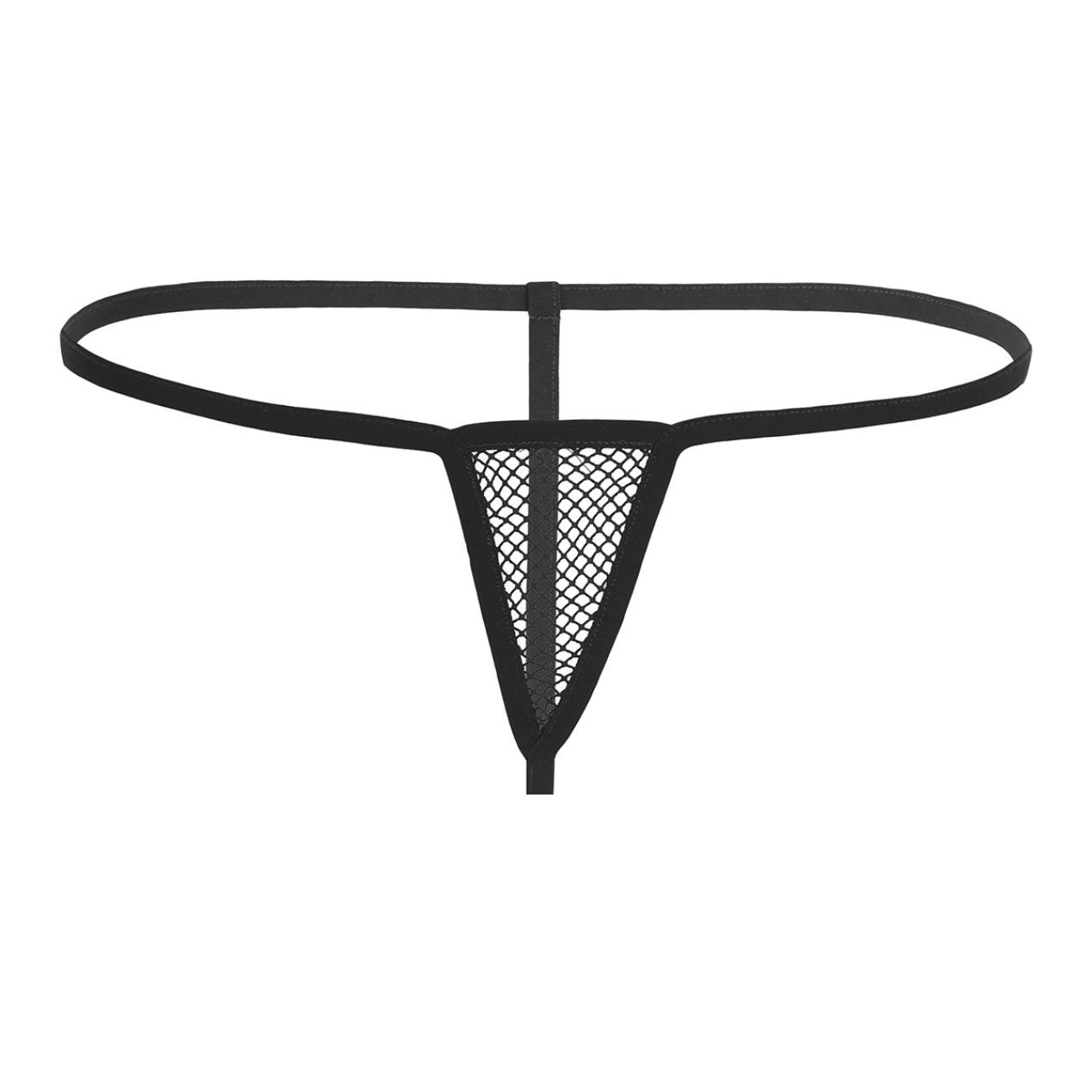 Damen-Mini-G-String-Tanga mit durchsichtigem, elastischem Bund und offenem Hintern aus Netzstoff vorne schwarz