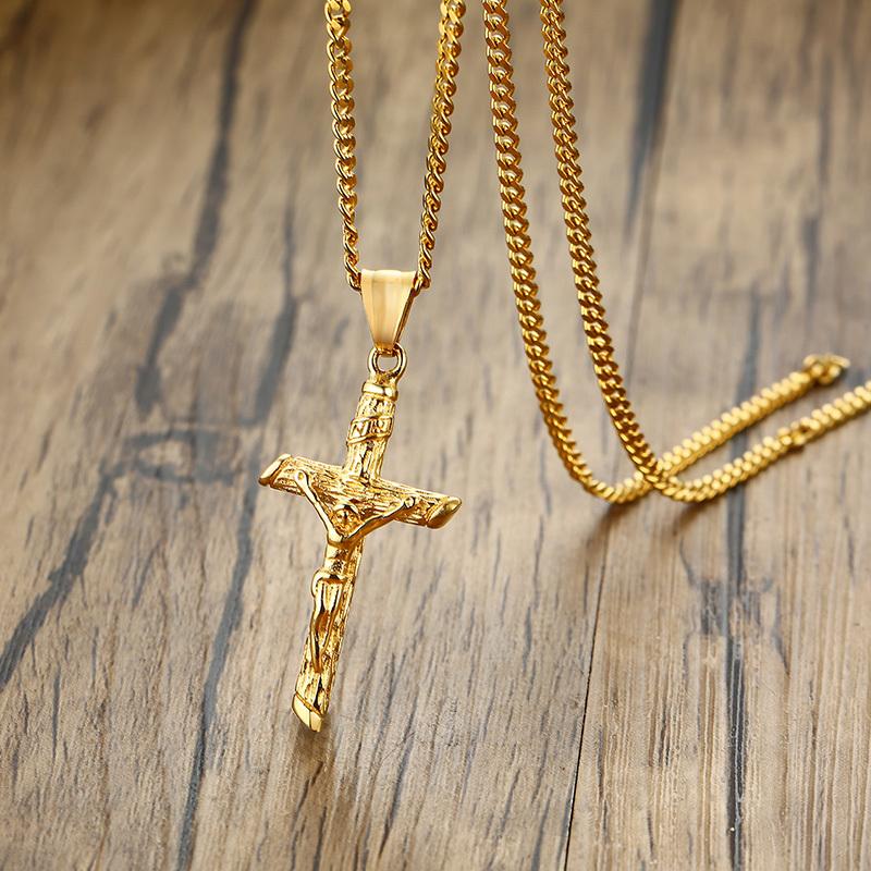 Vnox Kreuzkette für Männer Frauen, Katholizismus Jesus Anhänger, Goldfarbener Edelstahl Unisex Halsband, Kirchengebet Glaubensschmuck 45cm