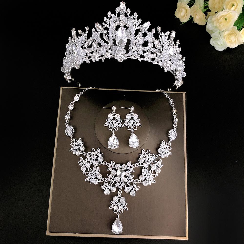Brautschmuck Dreiteiliges Set Hochzeitskrone Tiara Halskette Ohrringe Koreanisch Super Fee Brautkleid Zubehör black