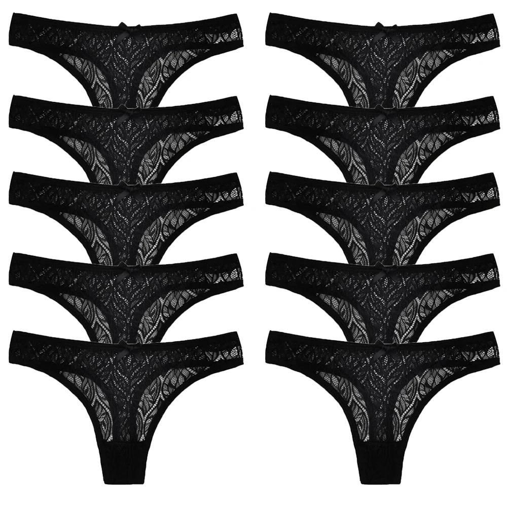 10 Stück/Set Mesh Spitze Transparent Strings Damen Slips Unterwäsche Damen Nahtloser G-String Damenunterhosen Intimates Lingerie XL black