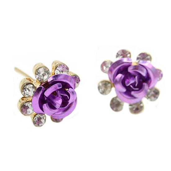 Damenmode Rose Blume Ohrstecker Strass eingelegte Ohrringe Schmuck Geschenk violett