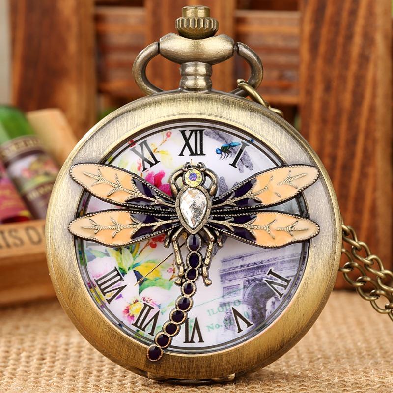 3D Libelle Hohl Quarz Taschenuhr Pullover Halskette Anhänger Uhr bronze