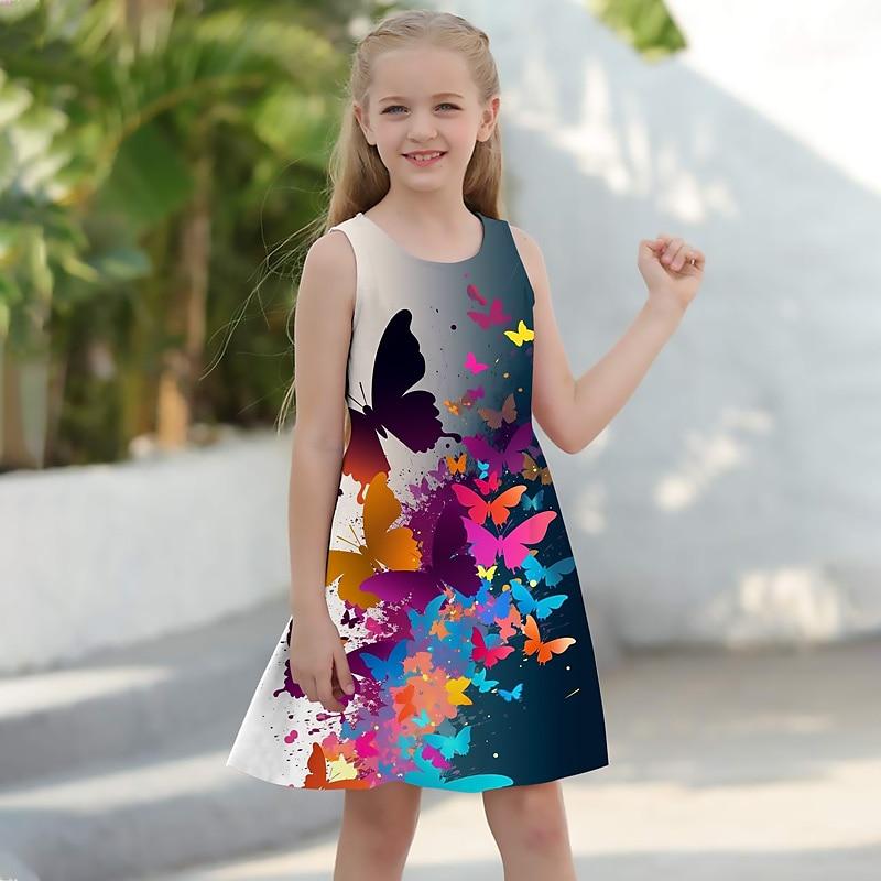 Mädchenkleid, ärmellos, 3D-Schmetterlings-Halskettendruck, Sommer, Frühling, Alltag, süß, lässig, süß, Kinder-A-Linien-Kleid, Tank-Kleid, Schlafen, Gute-Nacht-Kleid 80 grau