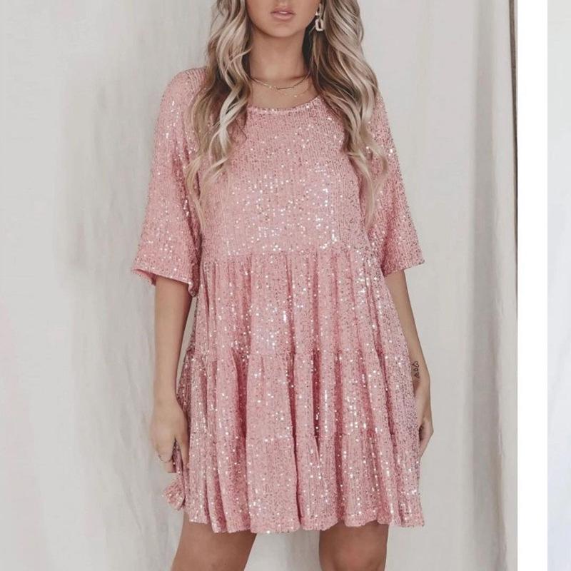 2025 Einfarbig Pailletten Rundhals Locker in der Taille Kurzarm Abendkleid Extra Large rosa