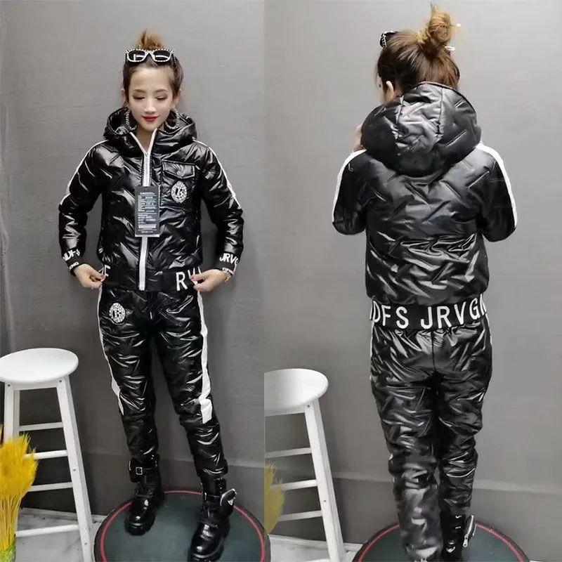 Winter Warme Glänzende Zweiteilige Sets Damen Verdicken Daunenparkas Kapuzenmäntel Anzüge Jogginghosen Outfits S schwarz