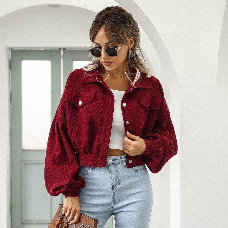 Abgeschnittene Cordjacken Damen Einreiher Mantel Mantel Mode Laternenärmel Vintage Herbst Winter Damenjacke 18047 M bordeaux