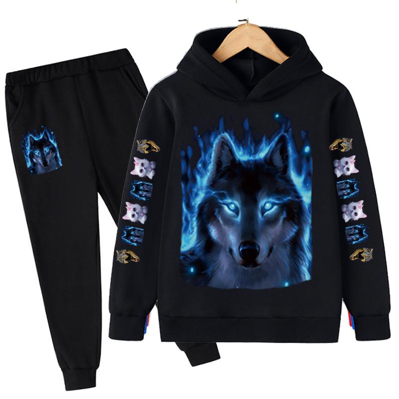 Herbst Jungen Kleidung Sets Druck Wolf Hoodies Baumwolle Sport Lange Hosen Casual Kinder Anzug Für Kinder 4-14 Jahre streetwear Anzug 130
