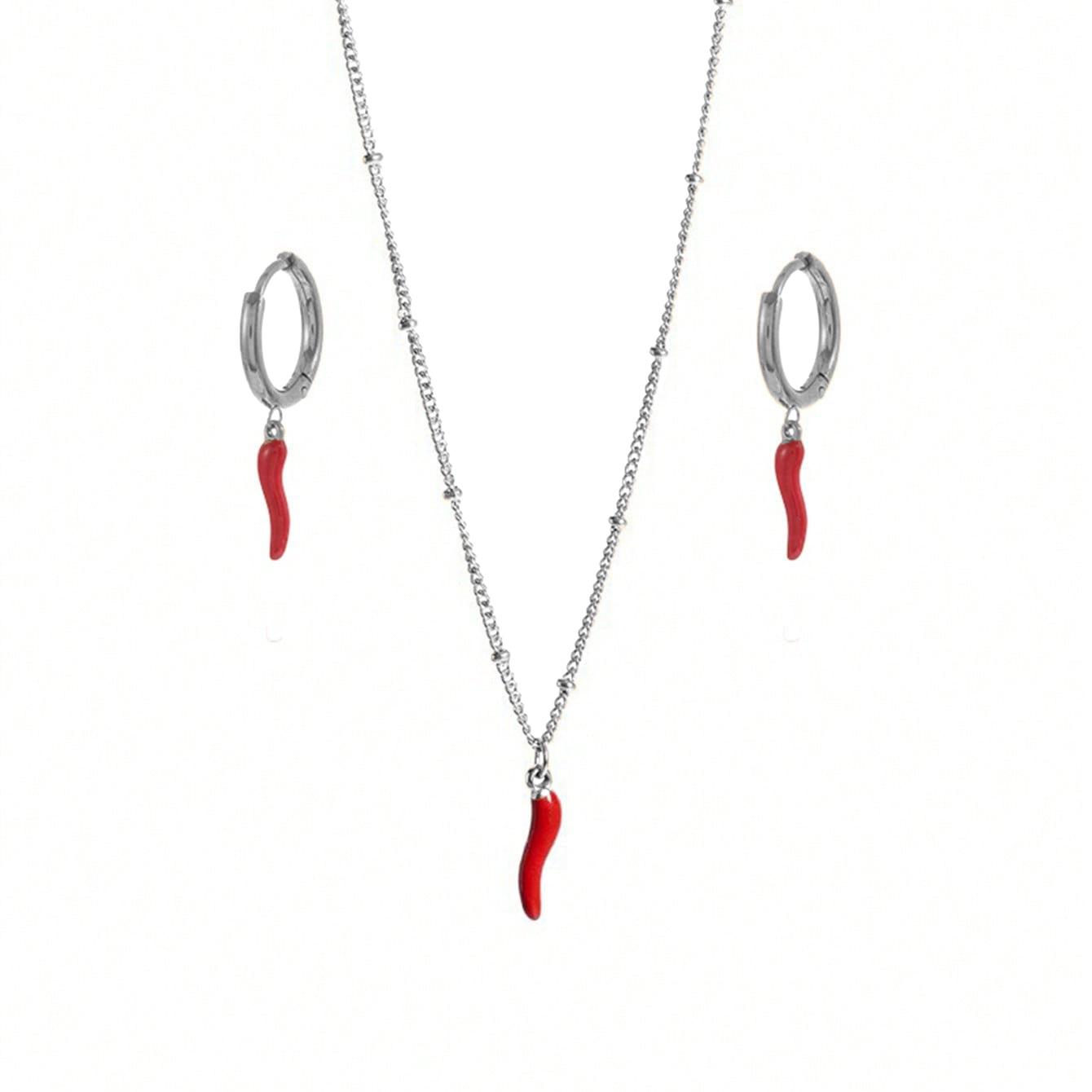 Titanstahl 18 Karat Gold Rote Chilischote Halskette & Ohrringe Set – Wasserdicht, Nicht Verblassend silber