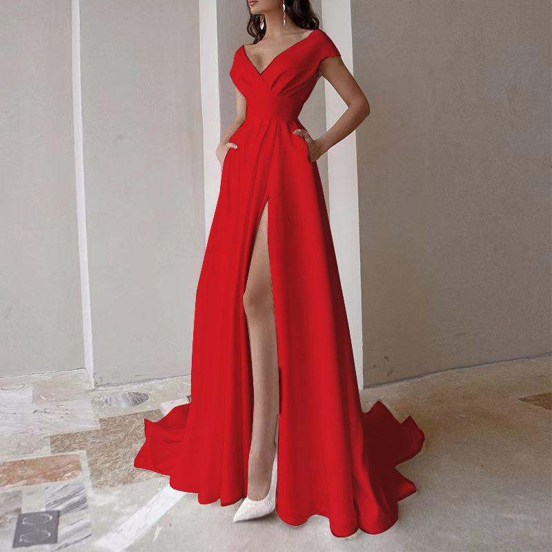 Damen Sexy V-Ausschnitt Party Abendkleid Hochzeitskleid M rot