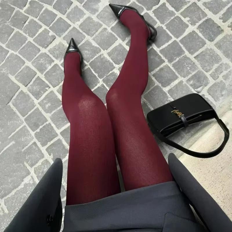 Rote Strumpfhosen für Damen, durchsichtige Strümpfe, schlanke, durchsichtige Dessous, Spitzen-Leggings, Winter-Strumpfhosen für Damen, Strümpfe mit Fuß, Nylon, rote Bodys, sexy Strumpfhosen One Size bordeaux
