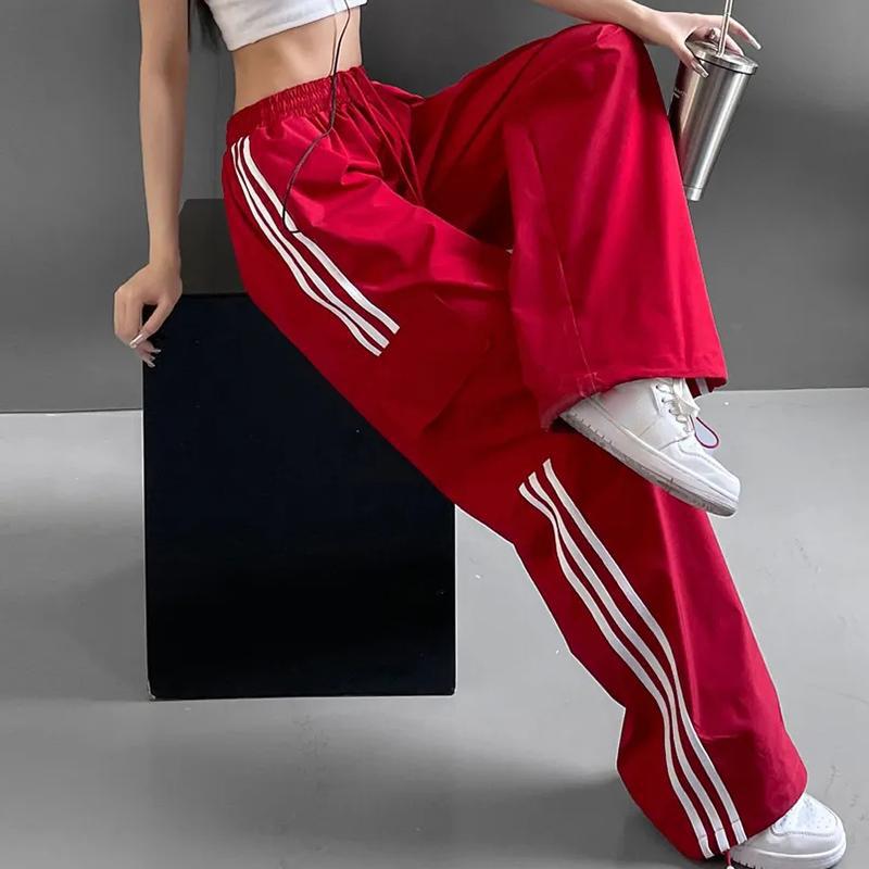 Streifen Patchwork Frauen Cargo Hosen Amerikanischen Stil Streetwear Lose Breite Bein Hosen Y2K Weibliche Hip Hop Jogginghose L rot