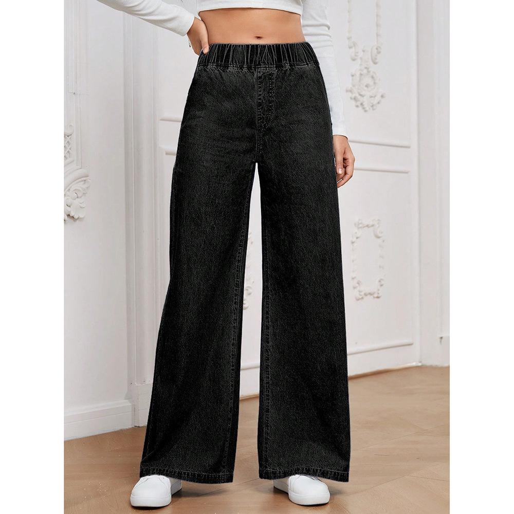 Retro Lässige Damenjeans 2025: Lockere Gerade Weite Lässige Lange Hose Medium schwarz