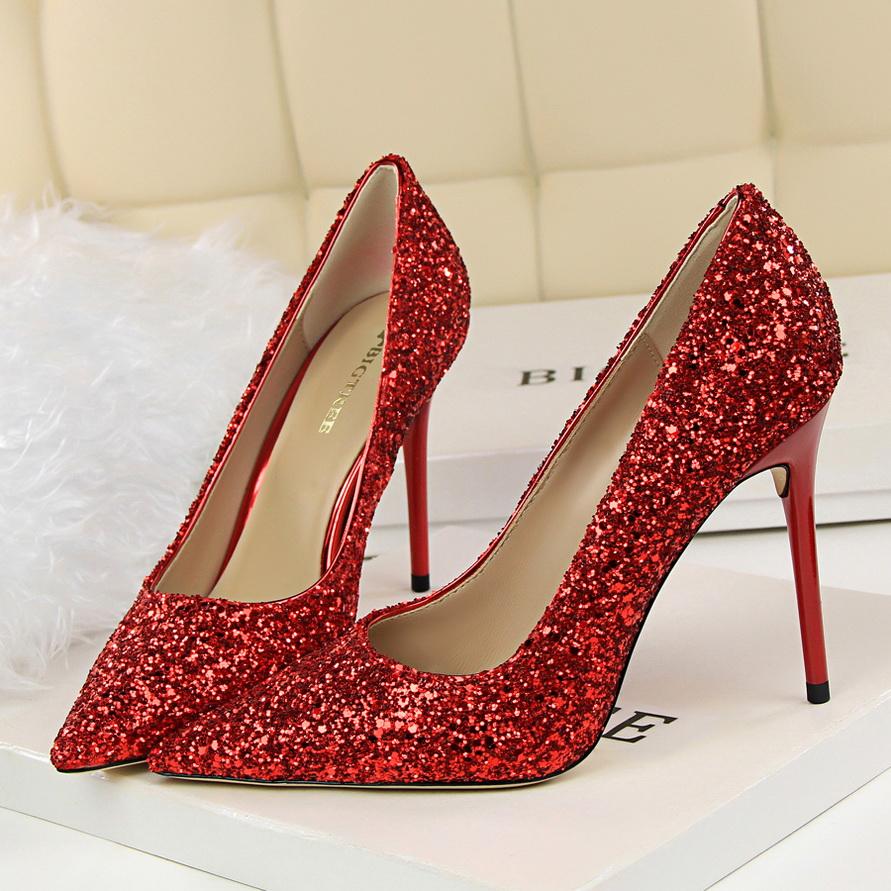 Mode 2025 Damen 9,5 cm Hohe Absätze Übergröße 43 Stripper Glitzer Scarpins Luxus Pumps Stiletto Hochzeit Braut Gold Silber Fetisch Schuhe 38 rot