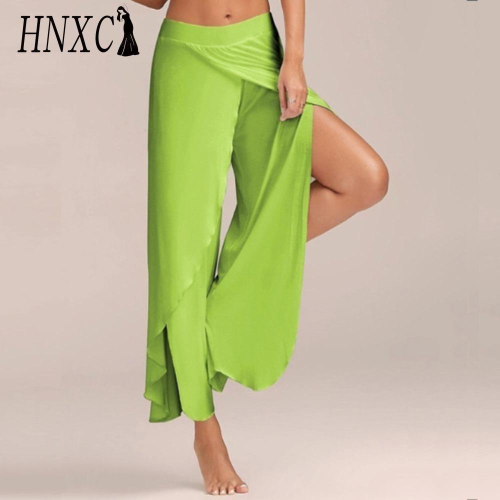 HNXC 10 Farben Damen Palazzo Boho Weitbein Hose Chiffon Rock Schlaghose Yoga Hose Übergröße XXXL grün