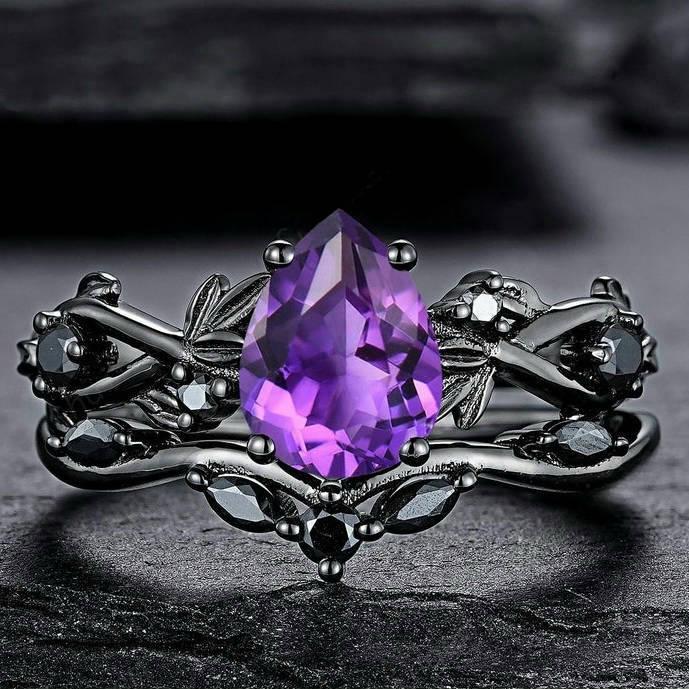 Pistolen-Schwarz & Seeblau Diamant Partnerringe - Europäischer & Amerikanischer INS Verlobungsschmuck für Damen Size 8 diamant/violett