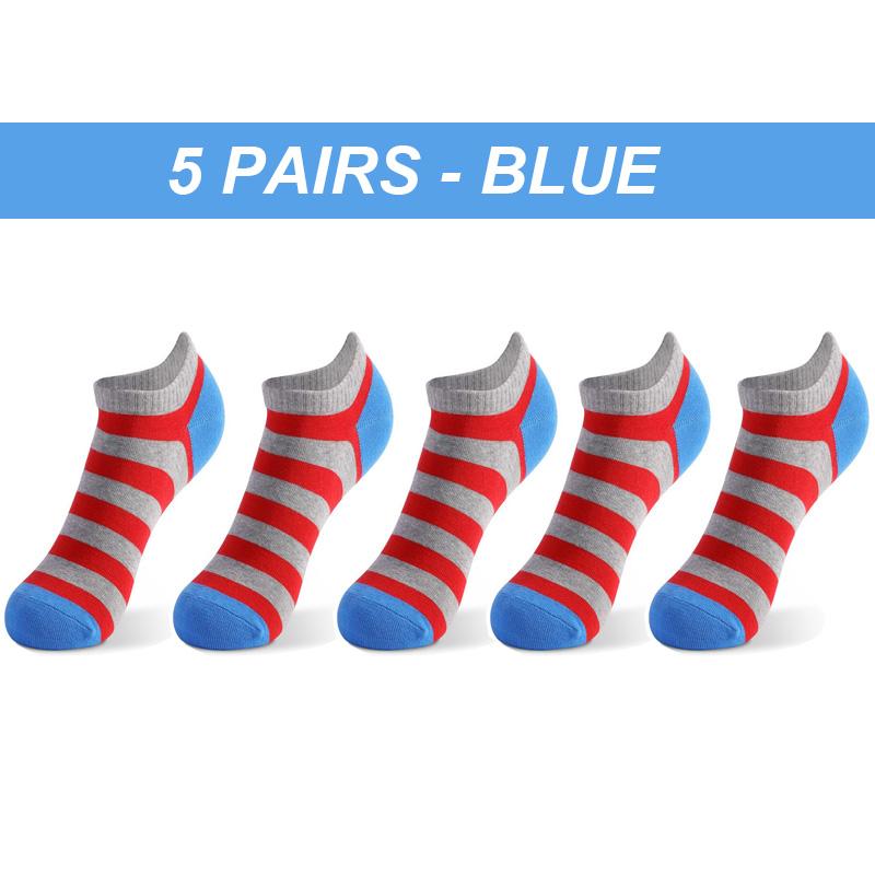 Herrensocken, hochwertig, 5 Paar, große Größe, Frühling, Sommer, Sport, atmungsaktiv, tailliert, gestreift, Patchwork, Knöchel-Bootssocken, Geschenke für Männer, Meias EUR38-46 blau
