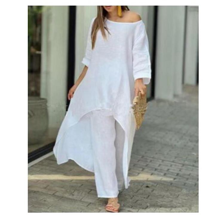 Sommer Damenmode Casual Baumwolle Leinen Anzug Unregelmäßige Langarm Weite Beinhose Zweiteiliger Anzug Plus Size XXXXXL