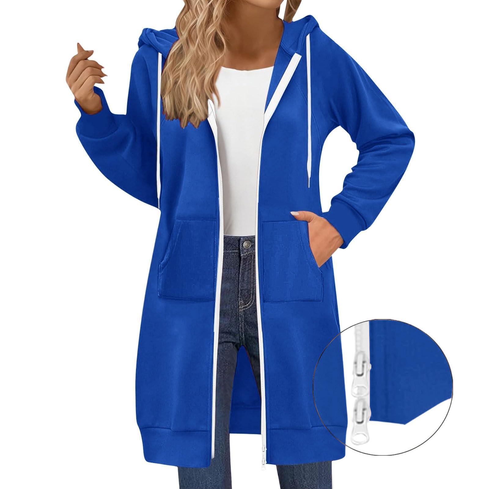 Damenmode Raglanärmel Langarm Casual Jacke mit Doppelreißverschluss Hoodie S blau