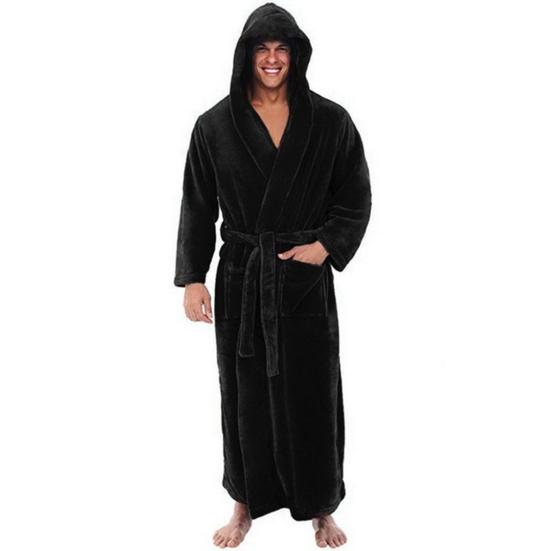 Herren-Bademantel mit Kapuze und verstellbarem Gürtel, superweich, flauschig, sehr saugfähig, einfarbig, Taschen-Design, Herren-Bademantel 4XL schwarz