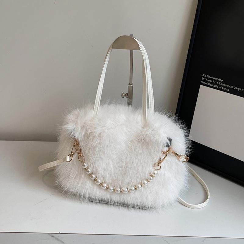Yogodlns Wintermode Kunstfell Umhängetaschen für Damengeschenk, Perlenketten-Dekor Schultertasche, Damen Handtaschen Top-Henkeltasche 24x11x16cm beige