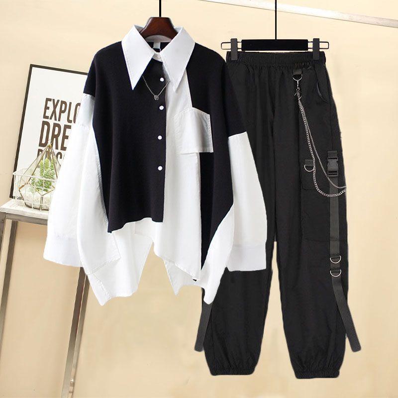 Frauen Streetwear Zwei-stück Anzug Splice Kette Lange Hülse + Band Kette Hosen Harajuku Cargo Hosen 2 Stück Sets frauen Outfits XS schwarz weiße