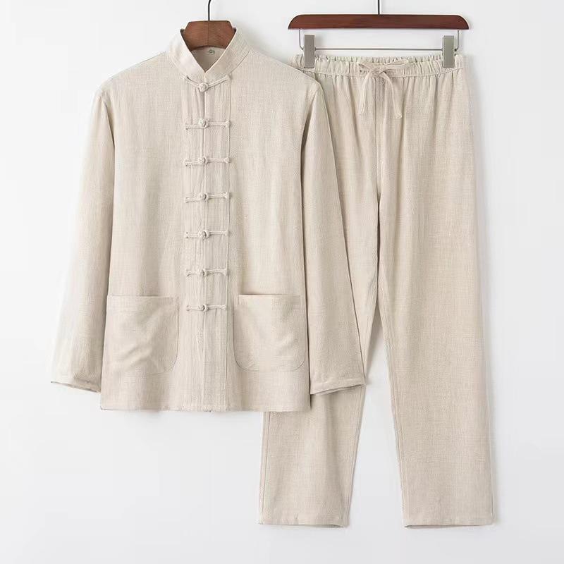 Baumwolle und Leinen Tang-Anzug Chinesischer Stil Langärmeliger Anzug Herren Chinesischer Stil Retro Locker Hanfu Tai Chi Oberteil Zen-Kleidung Freizeitkleidung L beige