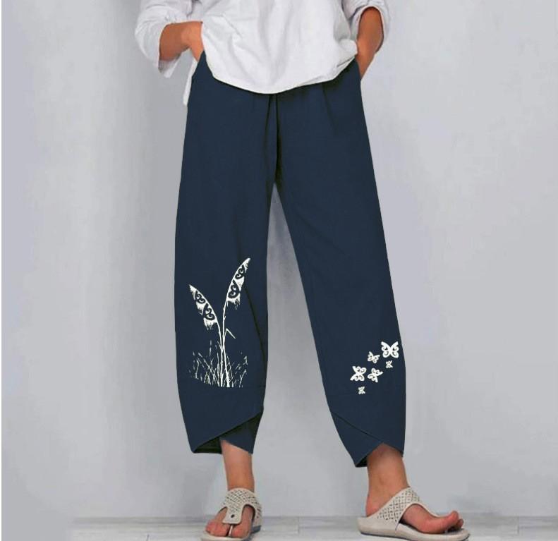 Frauen Plus Größe Damen Mode Lässig Baumwolle Leinen Lange Hosen Solide Breite Beine Harem Hosen Lose Einfarbig Hosen 5XL blau