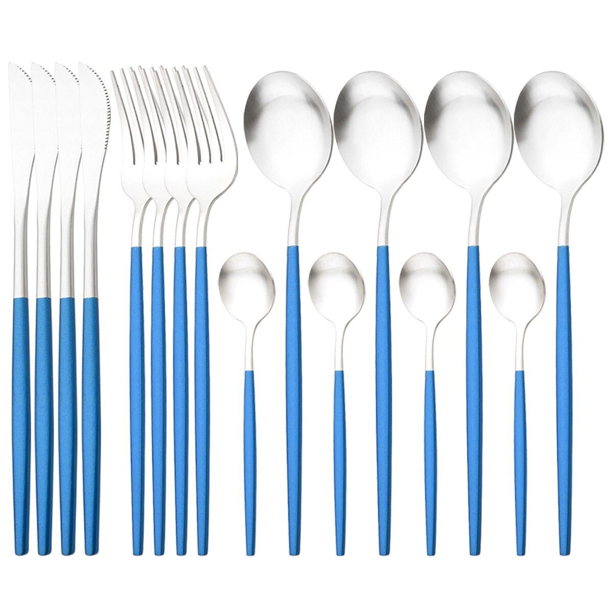 16-teiliges schwarzes Gold-Geschirr-Besteck-Set West-Edelstahl-Geschirr Abendessen Messer Gabel Löffel Besteck Küchenbesteck-Set blau/silber