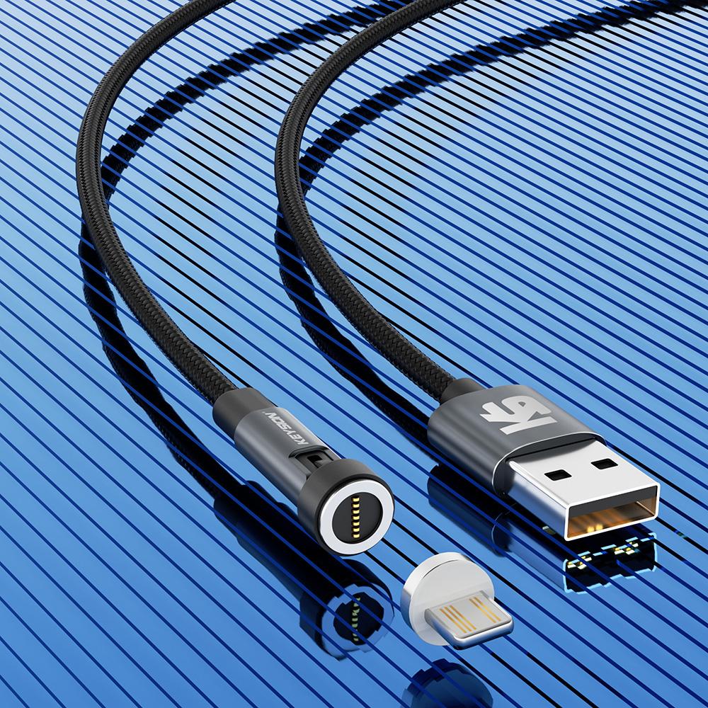 KEYSION 5A Magnetisches USB-Kabel, drehbares Gaming-Kabel, Schnellladung, Typ-C-Kabel, Magnet-Ladegerät, Daten, Micro-USB-Handykabel for iOS 2m 3A grau
