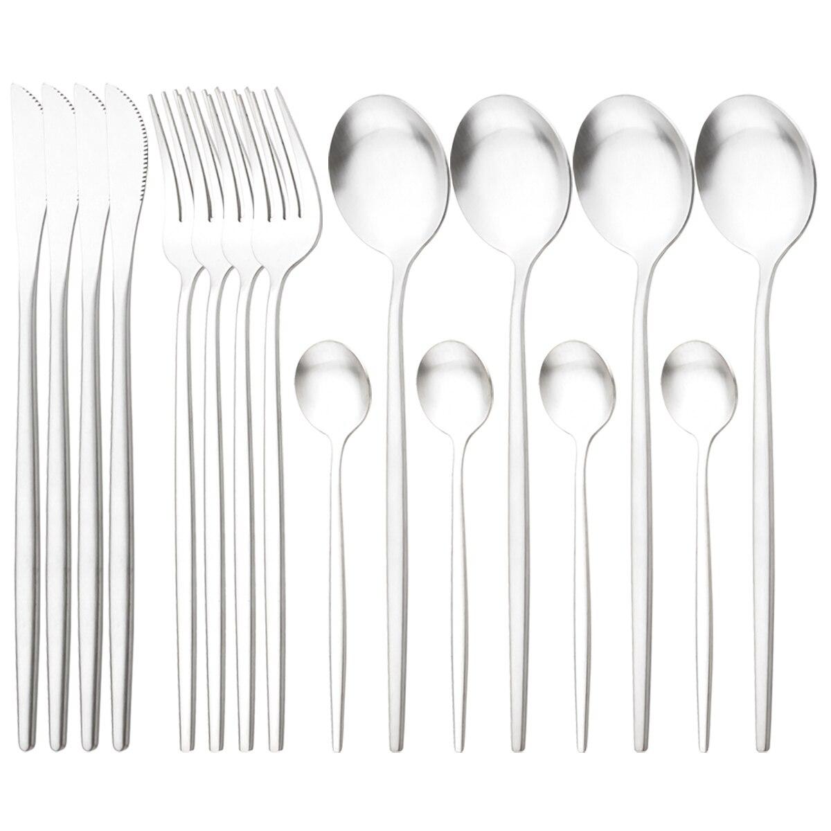 16-teiliges schwarzes Gold-Geschirr-Besteck-Set West-Edelstahl-Geschirr Abendessen Messer Gabel Löffel Besteck Küchenbesteck-Set silber