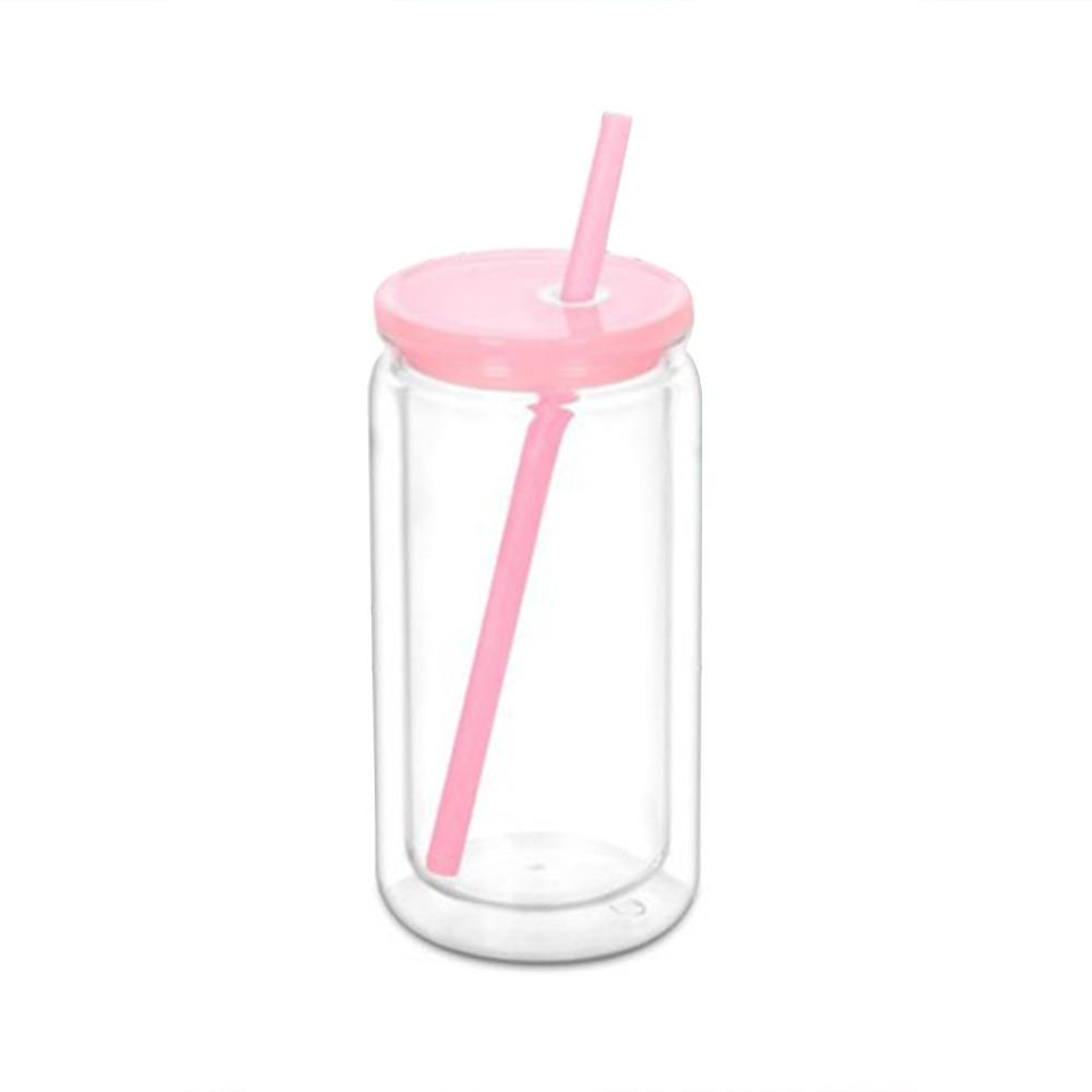 16OZ DIY Schneekugel-Becher mit vorgebohrtem Loch Wiederverwendbare Plastikwasserflaschen Bruchsichere Einmachglasbecher für Weihnachtsgeschenke rosa