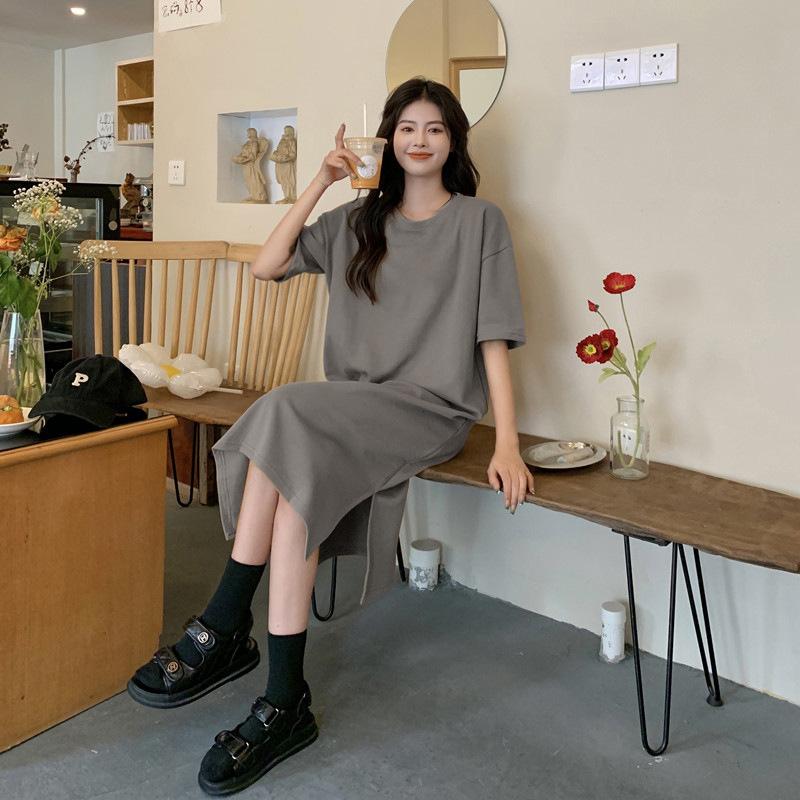 Übergröße Kurzarm Freizeitkleid Damen Sommer Locker Einfarbig Mittellang Knielang Geschlitzt T-Shirt Kleider 4XL dunkelgraue