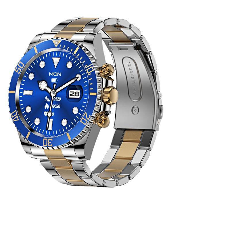 Luxus AW12 Smartwatch Edelstahl Damen Herren Voll-Touch Rundbildschirm Fitness Bluetooth Anruf Smartwatch gold/blau