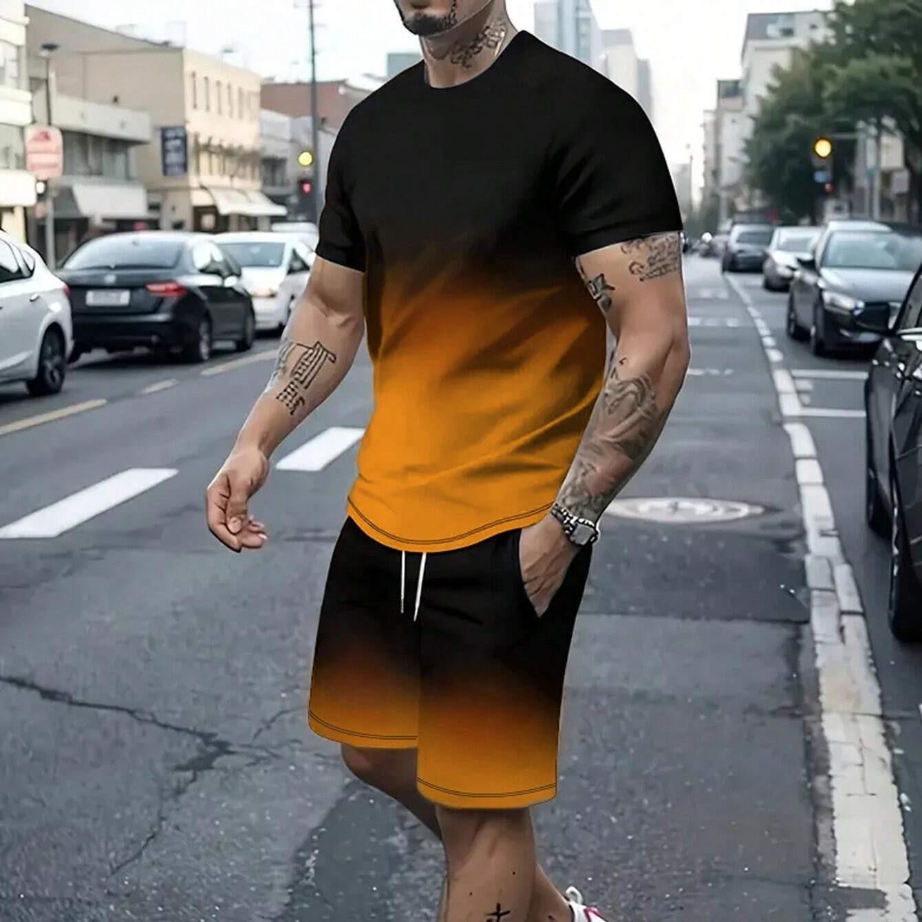 Manfinity Homme Herren Sommer Colorblock Bedrucktes Rundhals Kurzarm Freizeit T-Shirt und Kordelzug Taille Shorts Set XXL