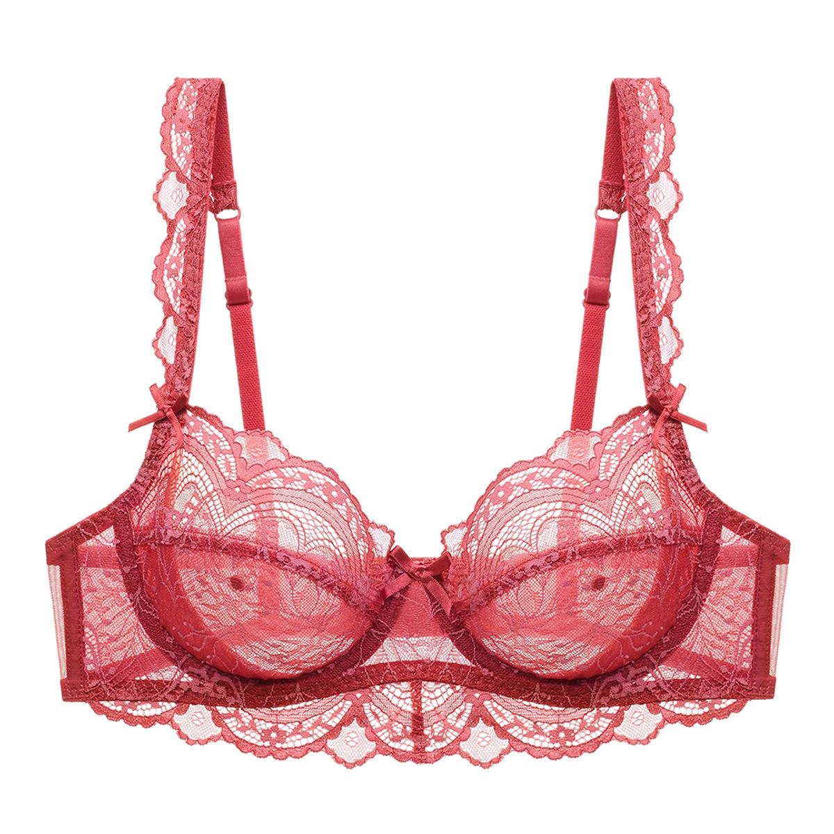 ABCDE Körbchen-BH für Damen, sexy Dessous, Damenunterwäsche, ultradünn, ohne Schwamm, Anti-Durchhang-Spitzen-BH 75A wassermelone roten