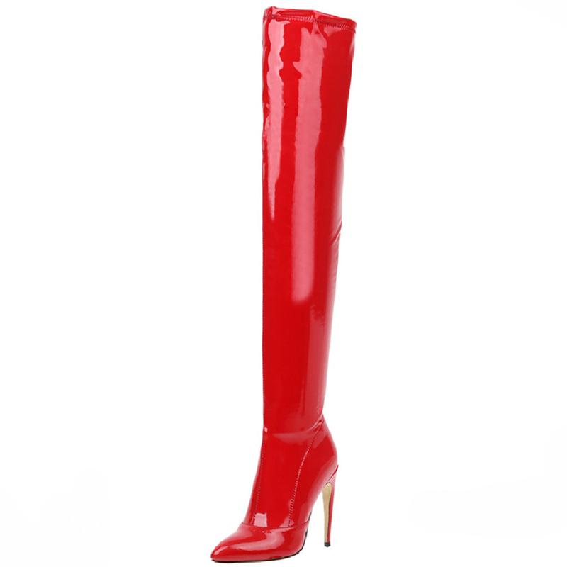 Stretch Overknee-Stiefel Damen Sexy Schwarz Über dem Knie Stiefel Damen High Heels Spitz Herbst Lack Lang Stripper Schuhe Damen 41 rot