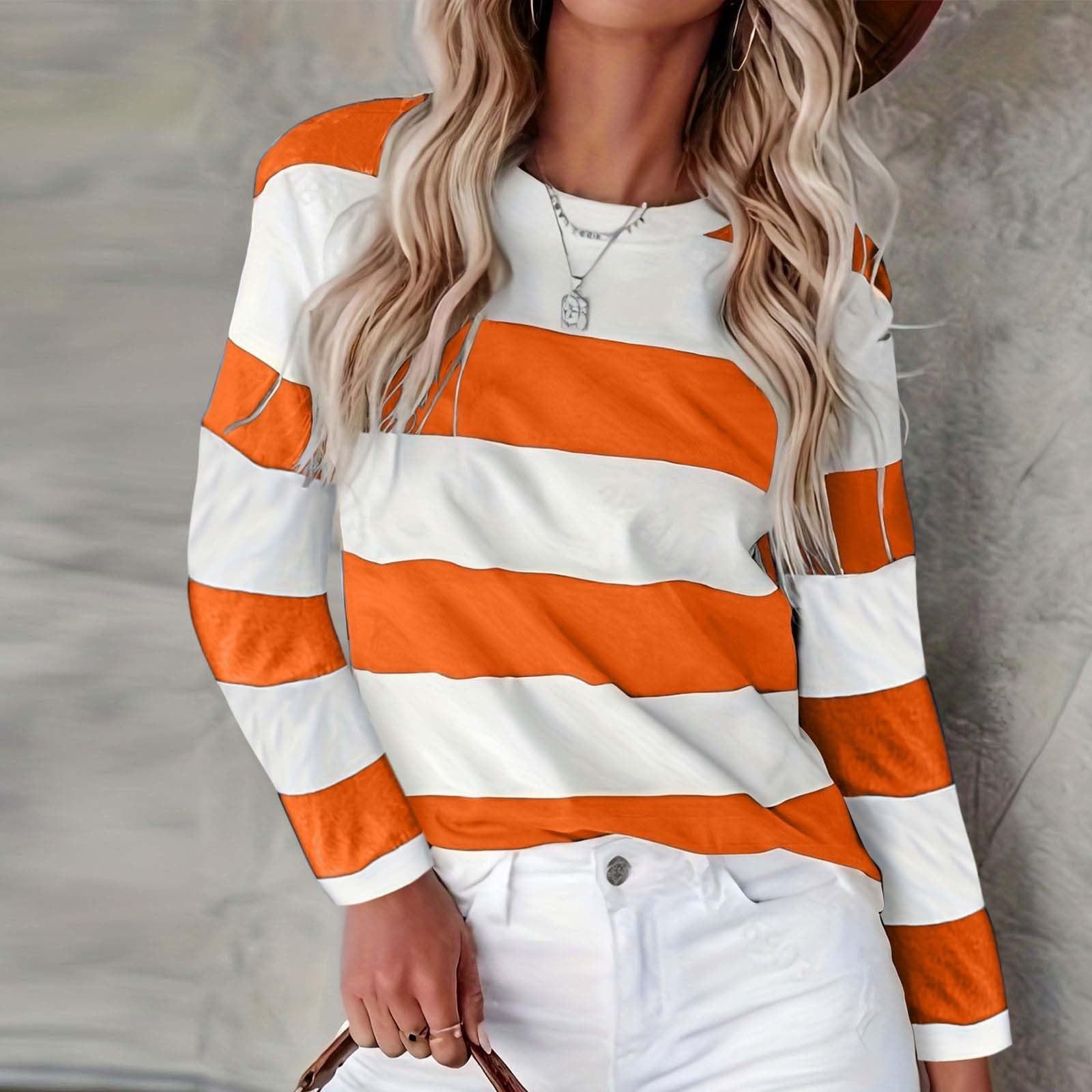 Damenmode Lässiges T-Shirt mit Streifenmuster und Rundhalsausschnitt und langen Ärmeln S safrangelb