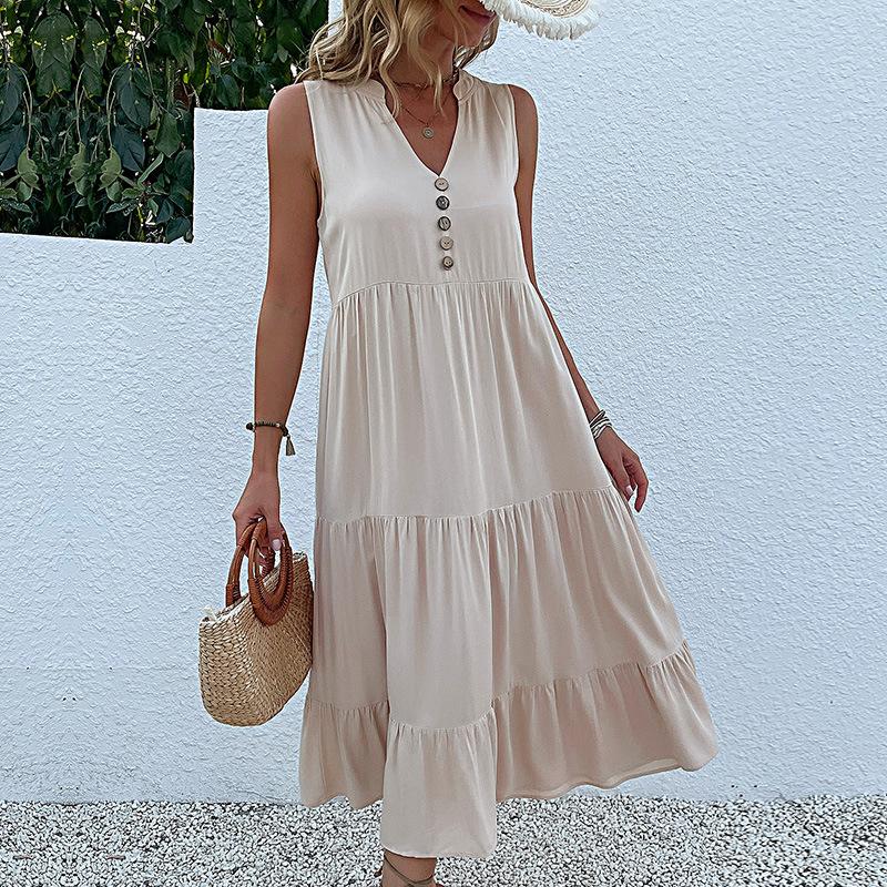 Sommer Damen Tank Top Kleid Ärmellos Plissee Kleider Lose V-Ausschnitt Midi Kleider L apricot
