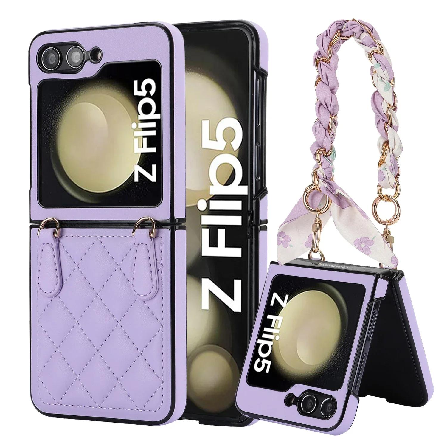 Ledertasche für Samsung Galaxy Z Flip 3 4 5 5G Flip5 Flip4 Schal Tragearmband Strap Schutz Mode ZFlip5 Abdeckung For Samsung Z Flip 5 white