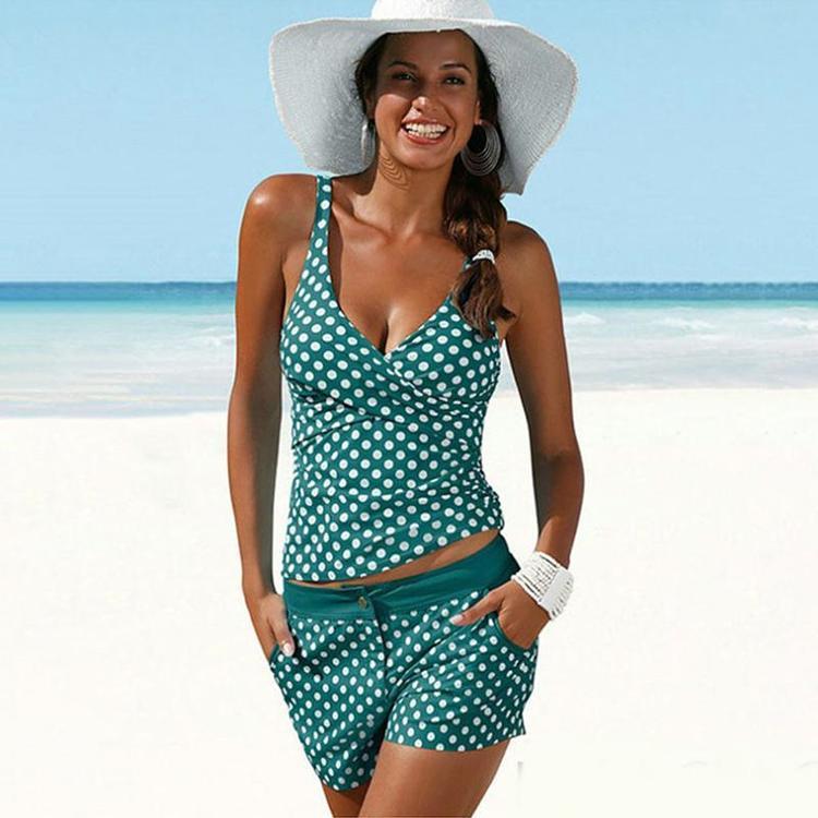 Retro Polka Dot Boxer Split Badeanzug Sing V-Ausschnitt Weste Shorts 2 Stück Bademode Strandmode Badeanzug XXL grün